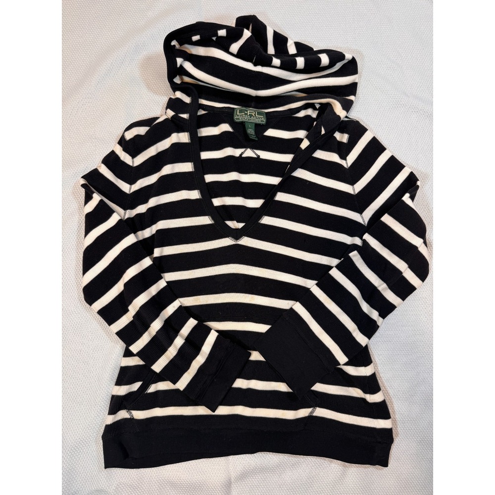 LRL Ralph Lauren Active Women's Black /White V-Neck Stripe Hooded Sweater - L
